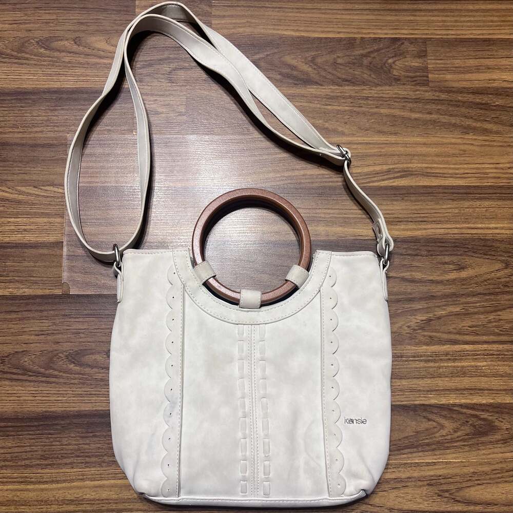 Kensie Crossbody Vinyl Purse Cream White Bamboo Handle